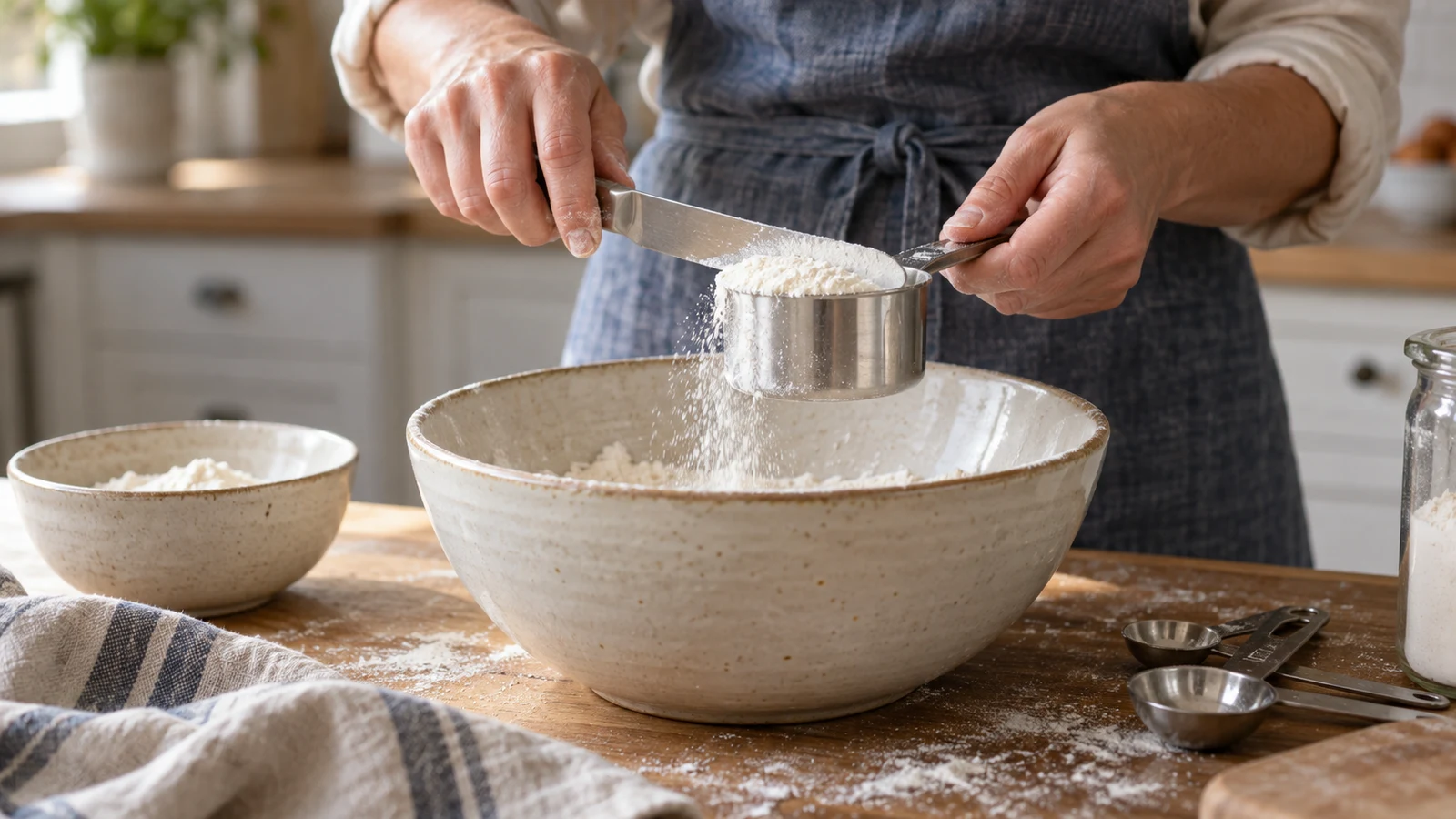 recipe scaling: A person levels flour in a metal measuring cup with a knife above a ceramic bowl.