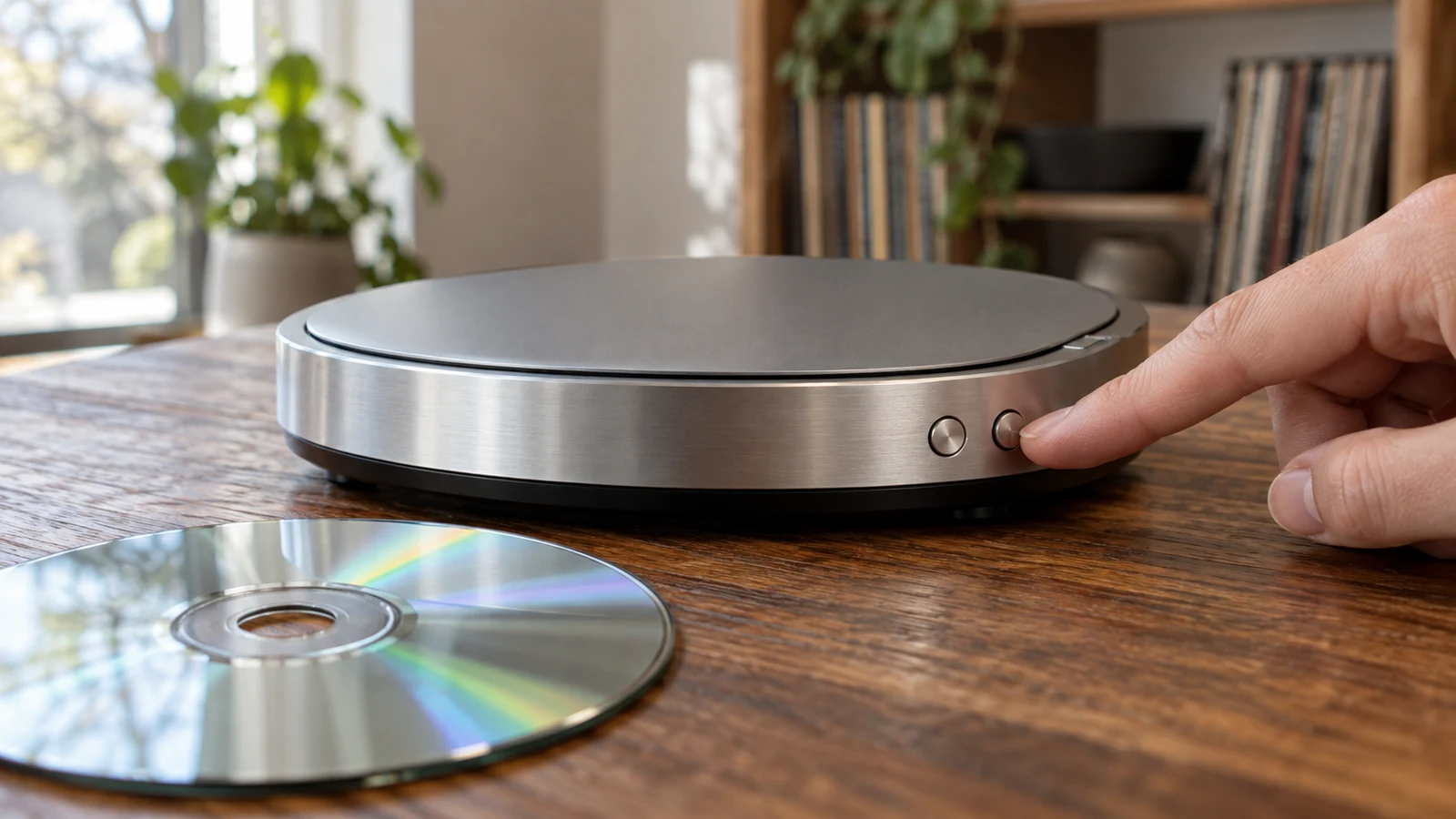 CD track navigation checks: A finger presses a button on a silver CD player beside a reflective disc on a wooden table.
