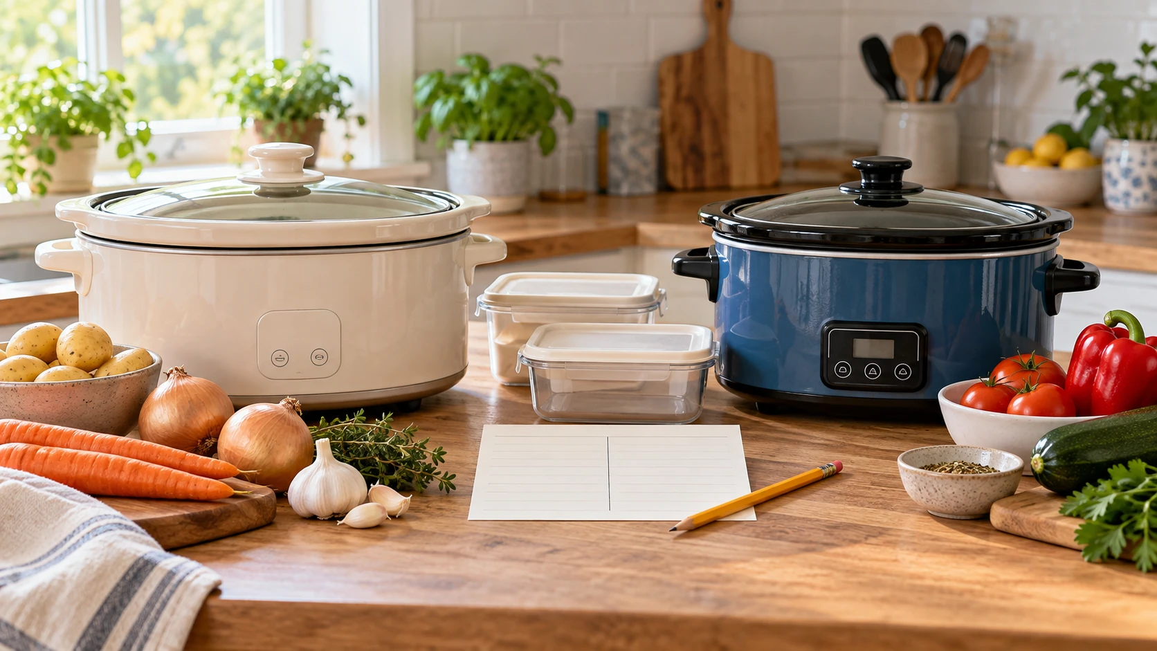 slow cooker batch setup with a two-meal planning card, storage containers and cream and blue electric cookers.