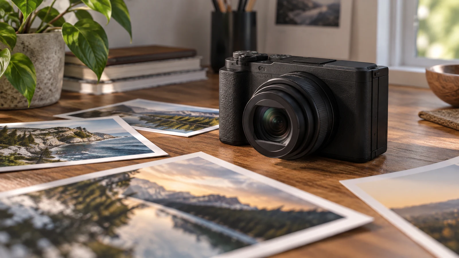 Sony ZV-1 II slideshow checks: A black compact camera sits beside landscape photographs on a wooden desk.