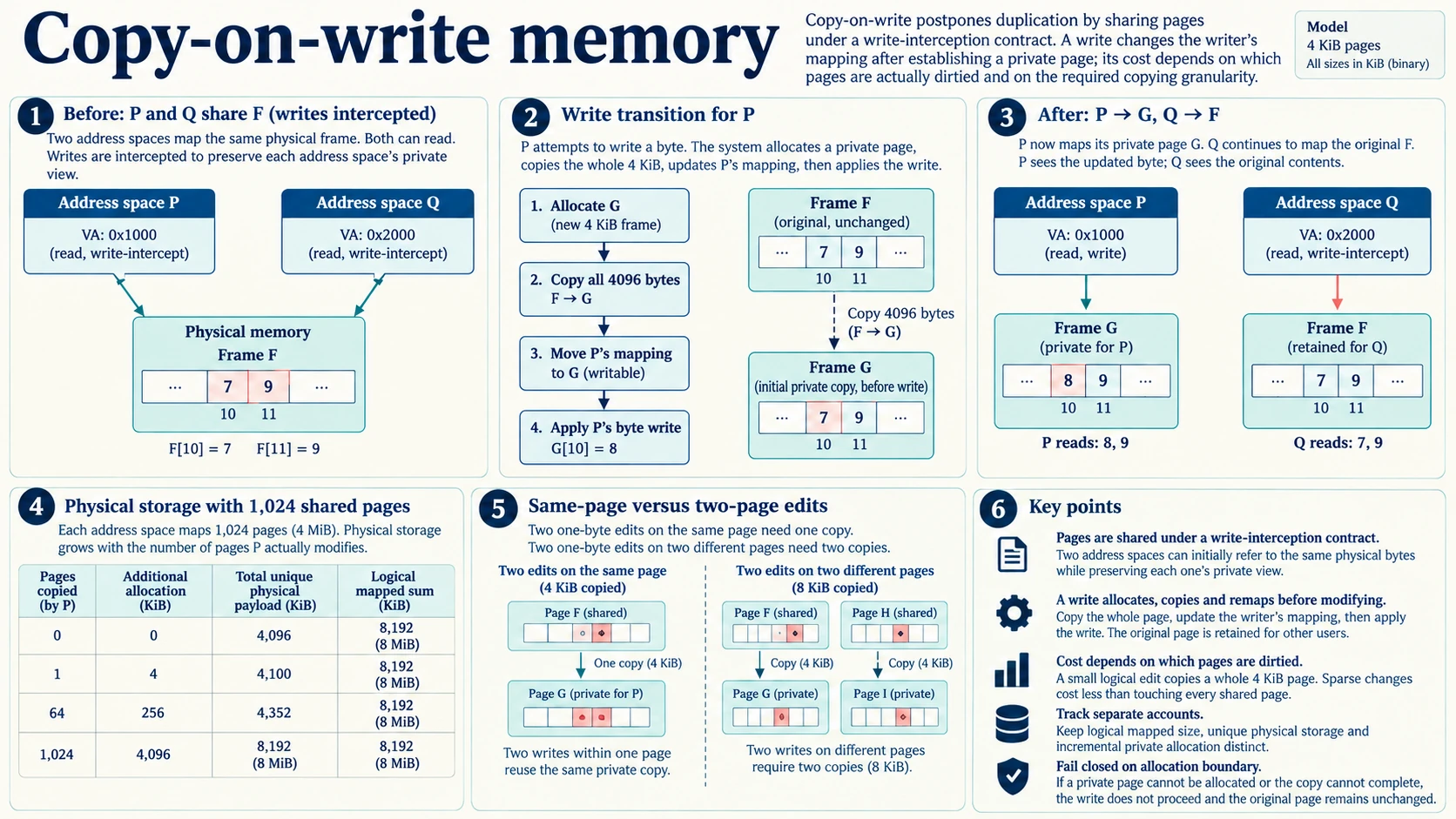 Copy-on-write memory traces shared and private page mappings, byte-preserving copying before a write, dirty-page allocation, copying granularity and failure boundaries.