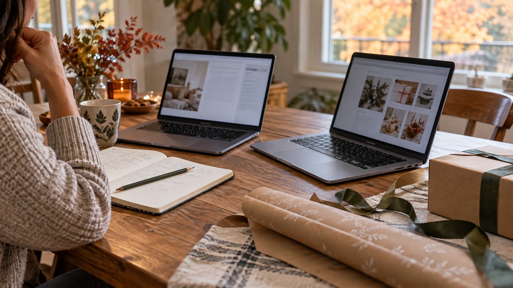 16-inch laptop gift planning and cryptocurrency purchasing guide illustrated by generic laptops, notebook and wrapping materials at a shopping desk; conceptual editorial scene, not exact HP or MSI hardware or a payment screen.
