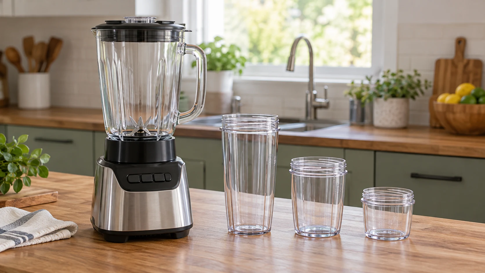 Blender auto cycles illustrated by a generic switched-off blender with empty pitcher and separate cups on a kitchen counter; not exact retail models, capacities or compatible operating configurations.