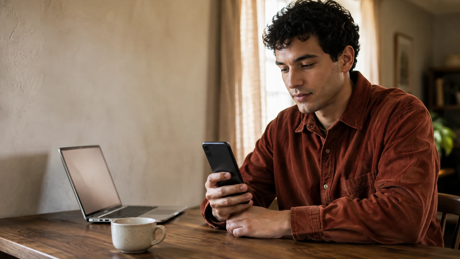 crypto payment confirmation: A seated person looks at an upright phone beside an open laptop and a ceramic cup on a wooden desk.