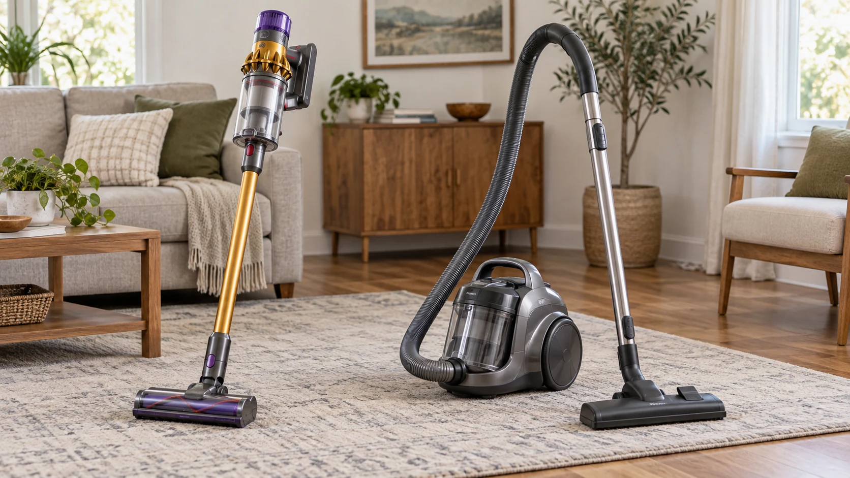 Dyson V15 vs Miele Blizzard CX1 vacuum represented by generic cordless stick and bagless canister cleaners in a living room; conceptual cover, not actual models, supplied tools or cleaning and filtration results.