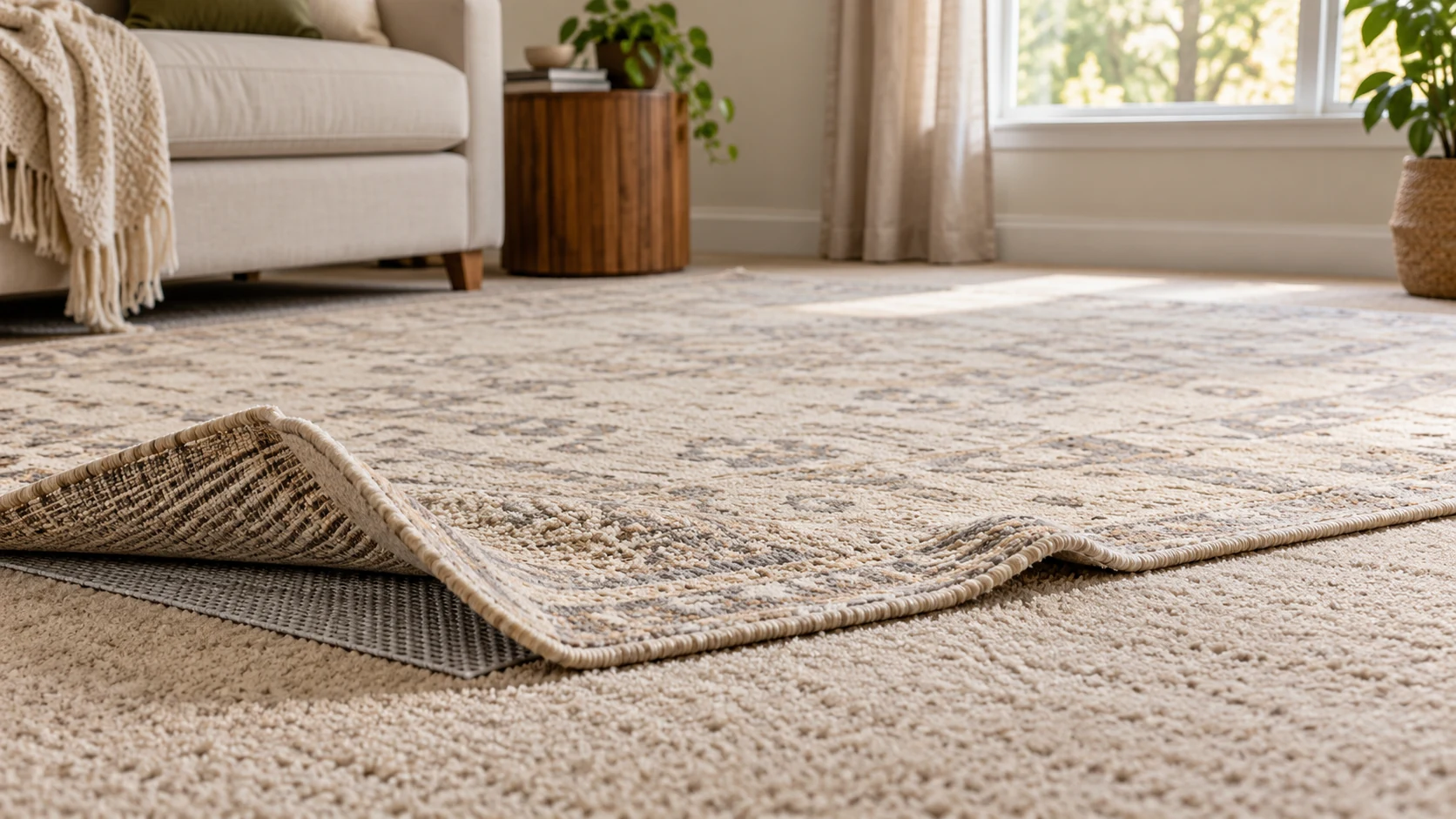 rug pad on carpet beneath a partly lifted area rug edge during a bunching check.