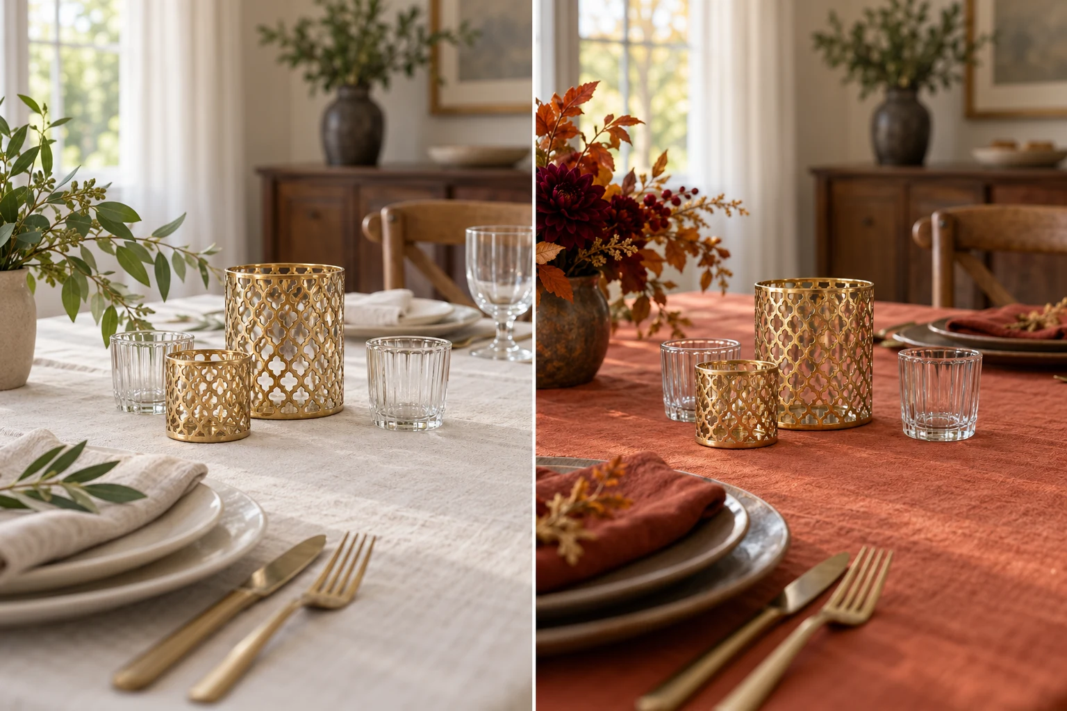 Reuse votive candle holders illustrated by a small group of gold openwork holders and clear glass cups arranged on two simple event tables.