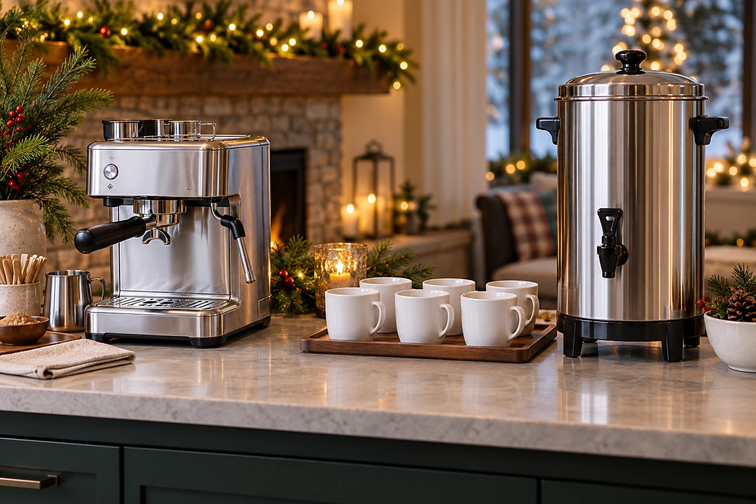 holiday coffee station with a compact silver espresso machine and a separate steel coffee urn beside a row of cups.