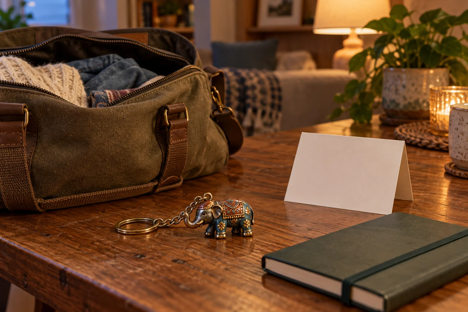 A souvenir keychain you keep separates a personal travel keepsake from an unfinished gift card, without a promised recipient reaction.