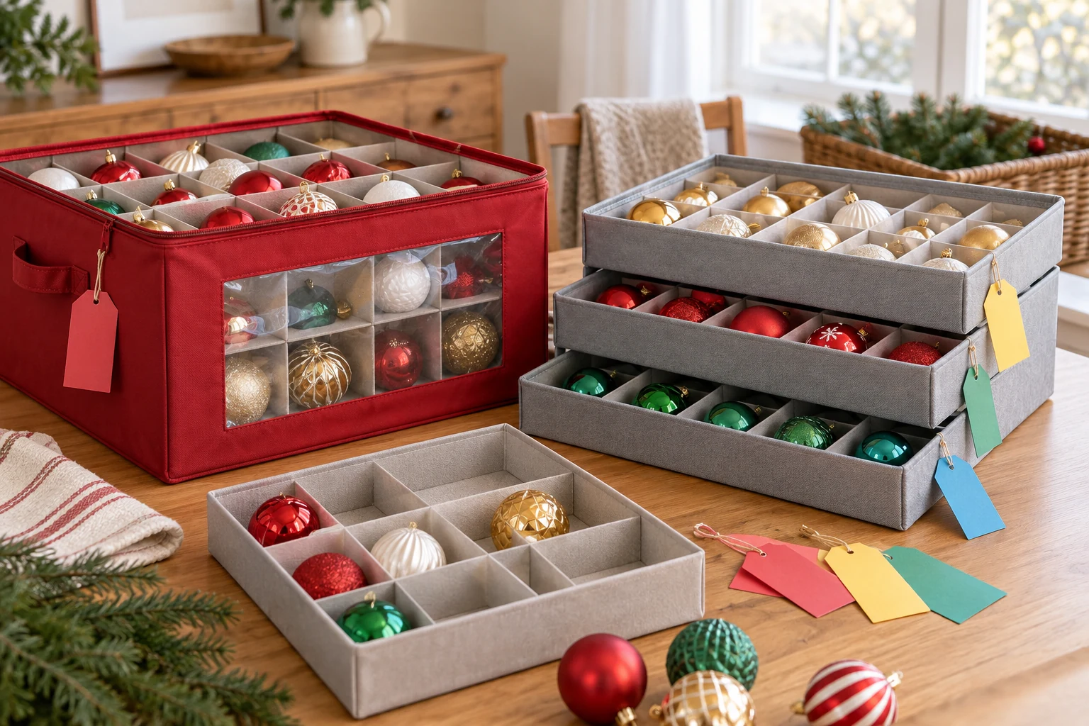 Label ornament storage boxes by room using blank color-coded tags on a red windowed box and gray divided trays before seasonal storage.