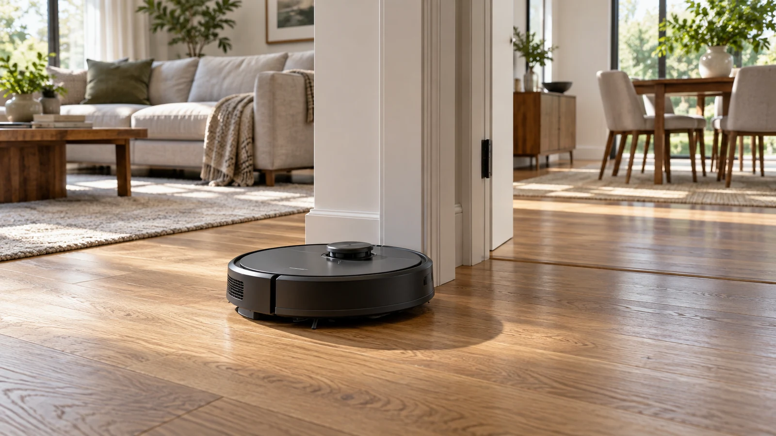 robot vacuum mapping: A round black robot vacuum sits on a wooden floor beside an open doorway.