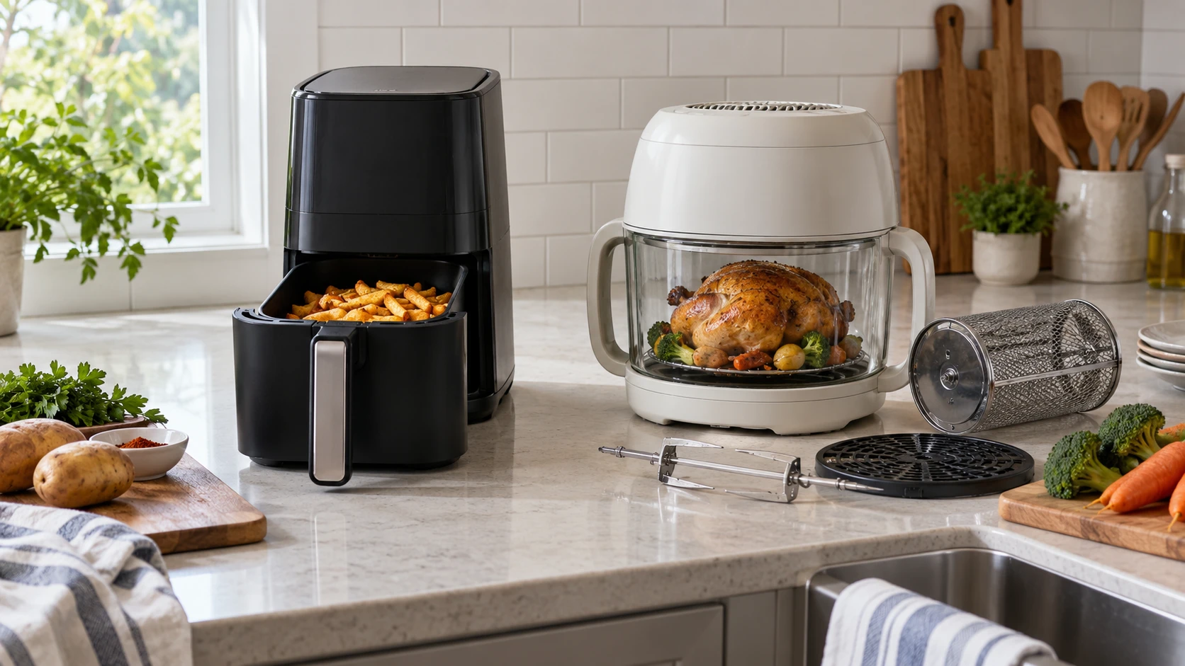 For Vortex Slim XL 6 quart air fryer, weigh counter layout, food capacity, cooking accessories, and cleaning steps.