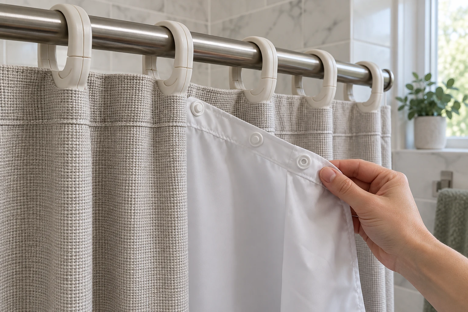Hookless shower curtain liner replacement decision with a hand unsnapping the inner liner beneath integrated split rings.
