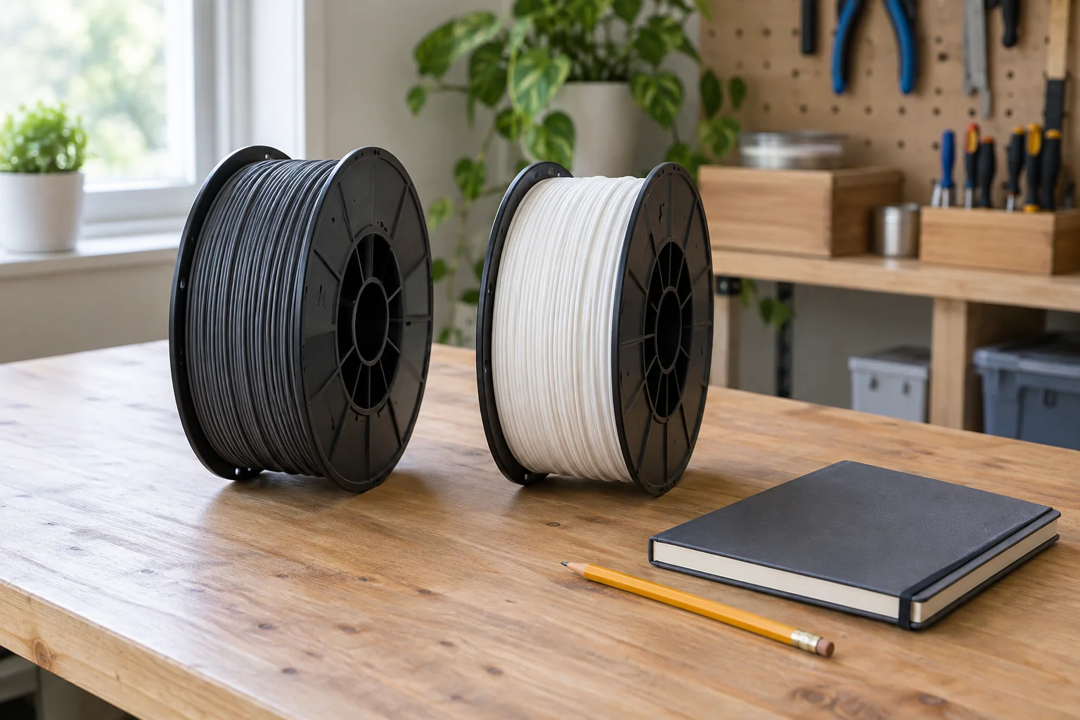 3D printer filament cost planning concept with two complete generic dark gray and white filament spools, a closed plain notebook and pencil on a worktable.