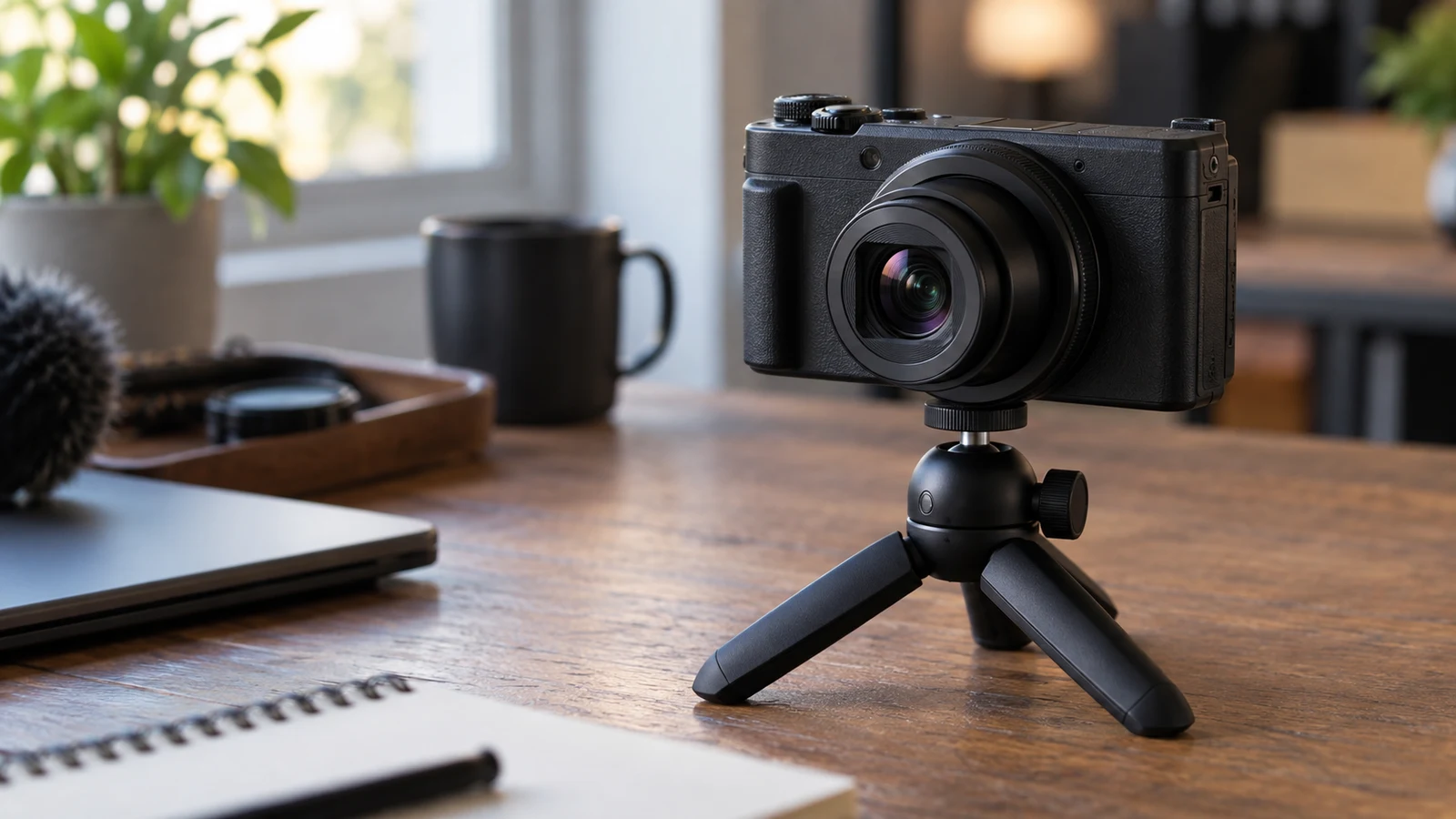 Sony ZV-1 II video resolution: An unbranded compact camera stands on a tabletop tripod beside a notebook on a wooden desk.