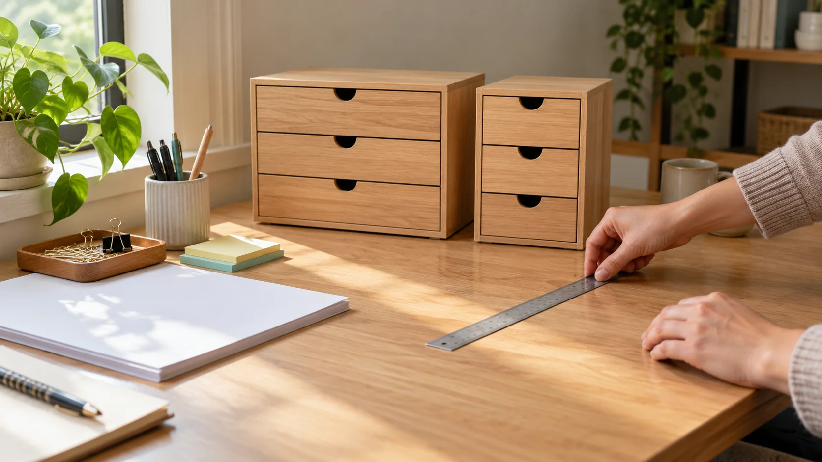 desktop mini-drawer organizer setup with two tabletop wooden cabinets, stationery, papers, and a ruler on a work desk.