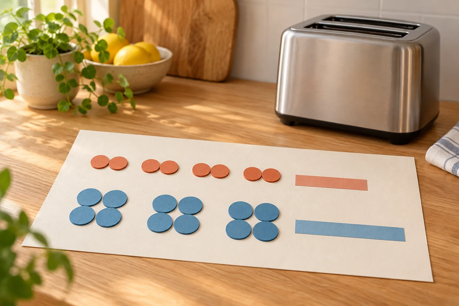 A toaster batch capacity worksheet compares grouped paper tokens and separate time strips while an idle generic two-slot toaster stays in the background.