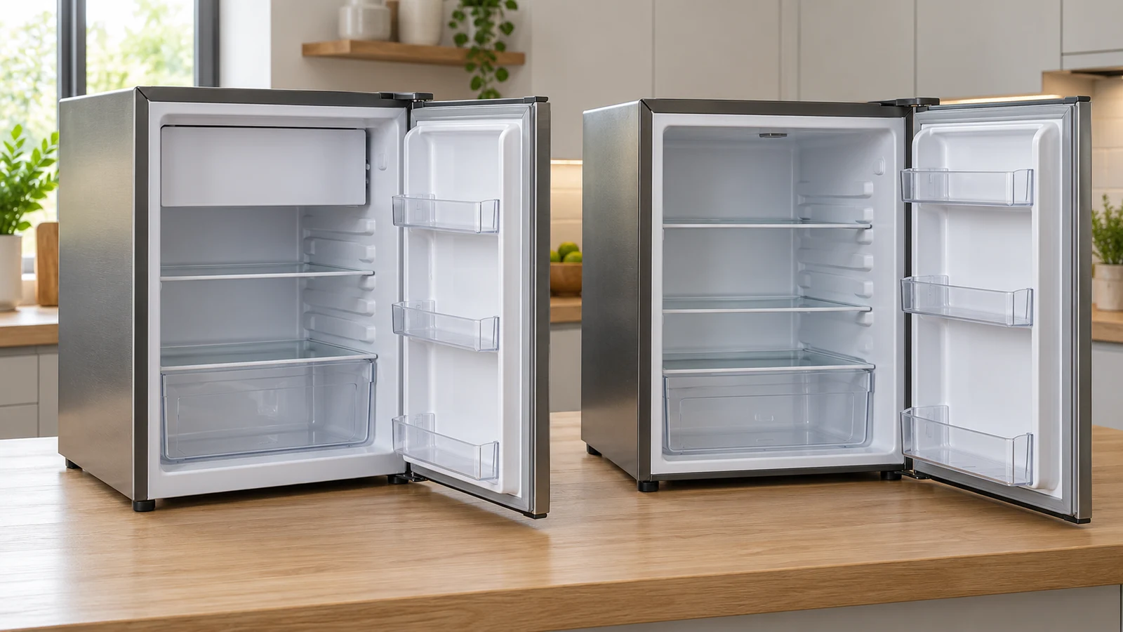 Dimedeal: Two open mini fridges reveal empty shelves, drawers, and door compartments on a wooden countertop.
