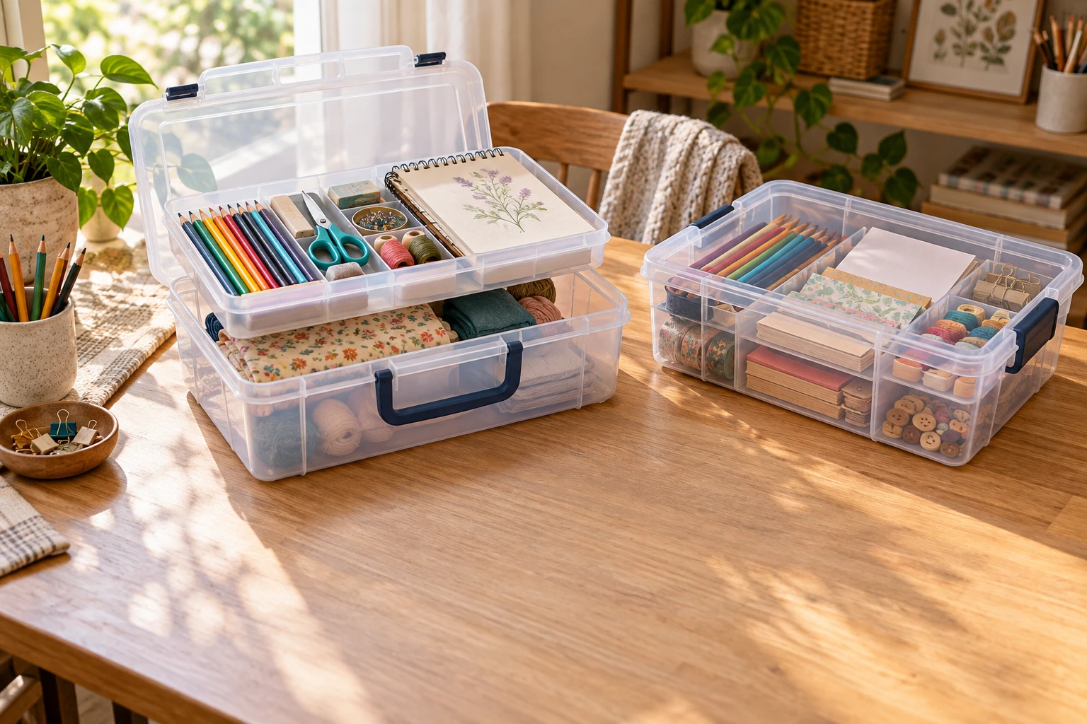 Portable craft project box open with a ready tray of dry tools beside a separate clear divided bin of reserve supplies.