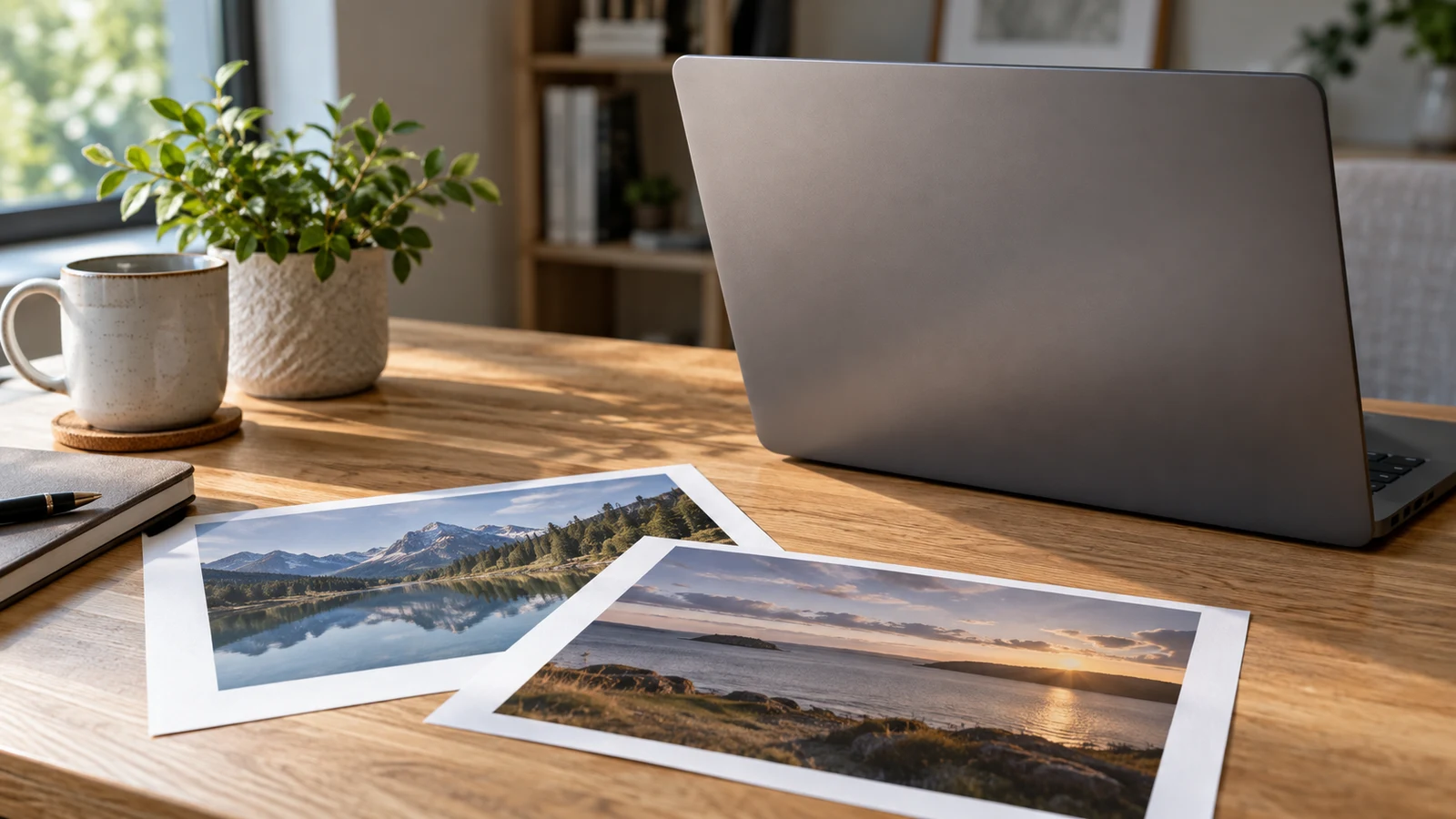 Dell Inspiron PDF image insertion: An unbranded laptop sits beside landscape prints on a wooden desk.