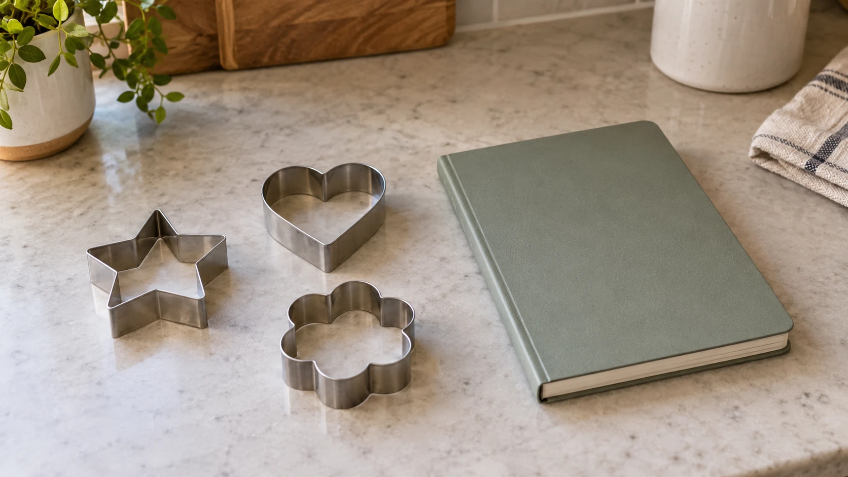 Holiday cookie shapes concept with whole generic metal star, heart and flower cutters beside a whole closed notebook on a kitchen worktop.