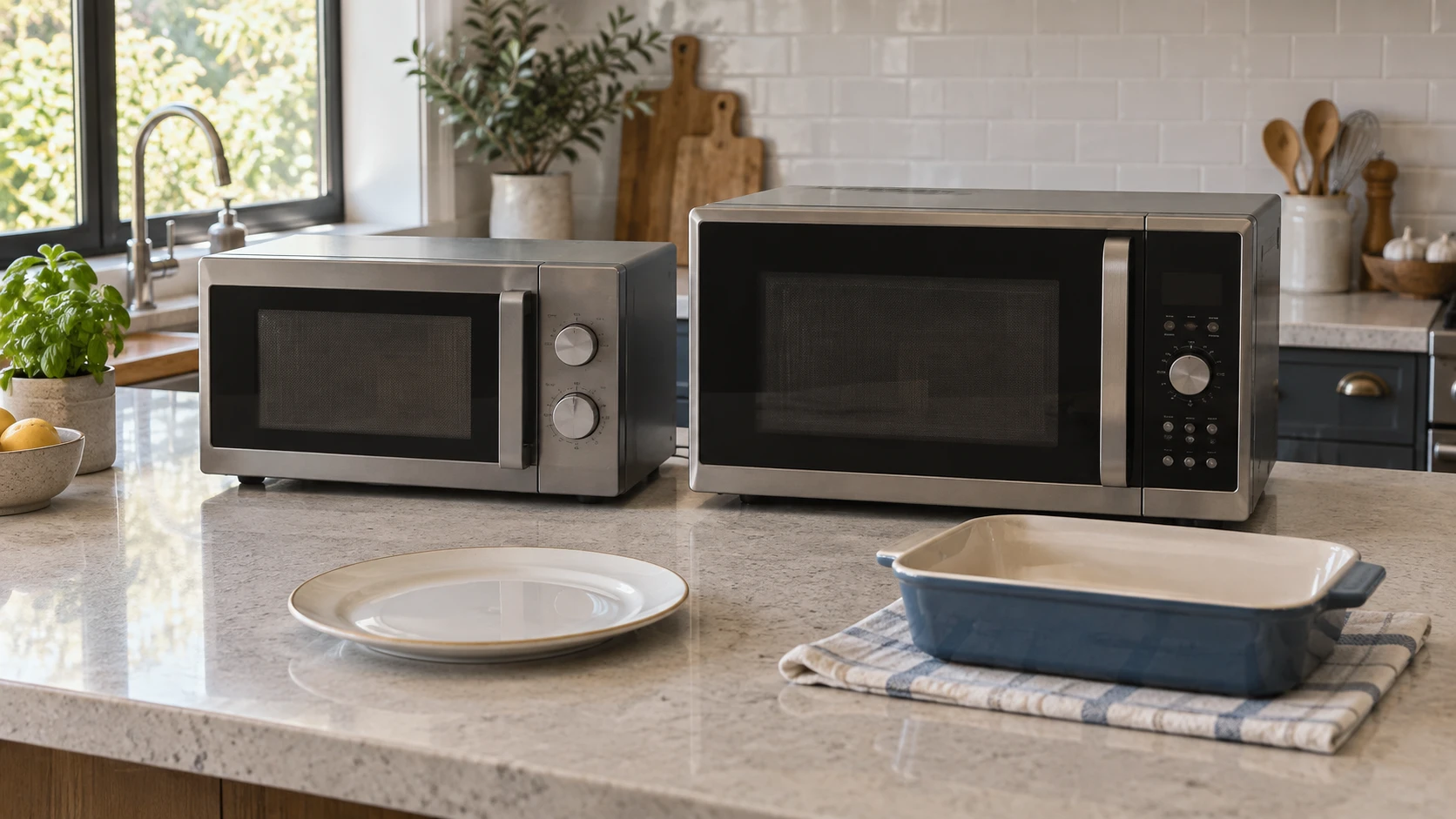 For Total Chef TCMO-07SS vs Hamilton Beach HBCMWG16S2WS11 microwave, weigh presets, cavity size, counter clearance, and turntable fit.