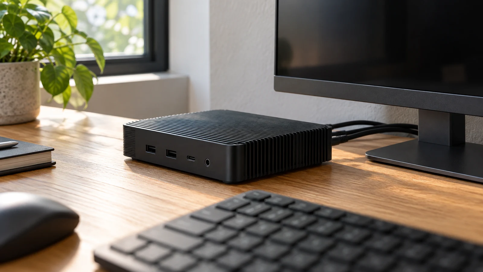 MeLE Quieter4C mini PC: A black ribbed mini computer sits beside a dark monitor on a wooden desk.