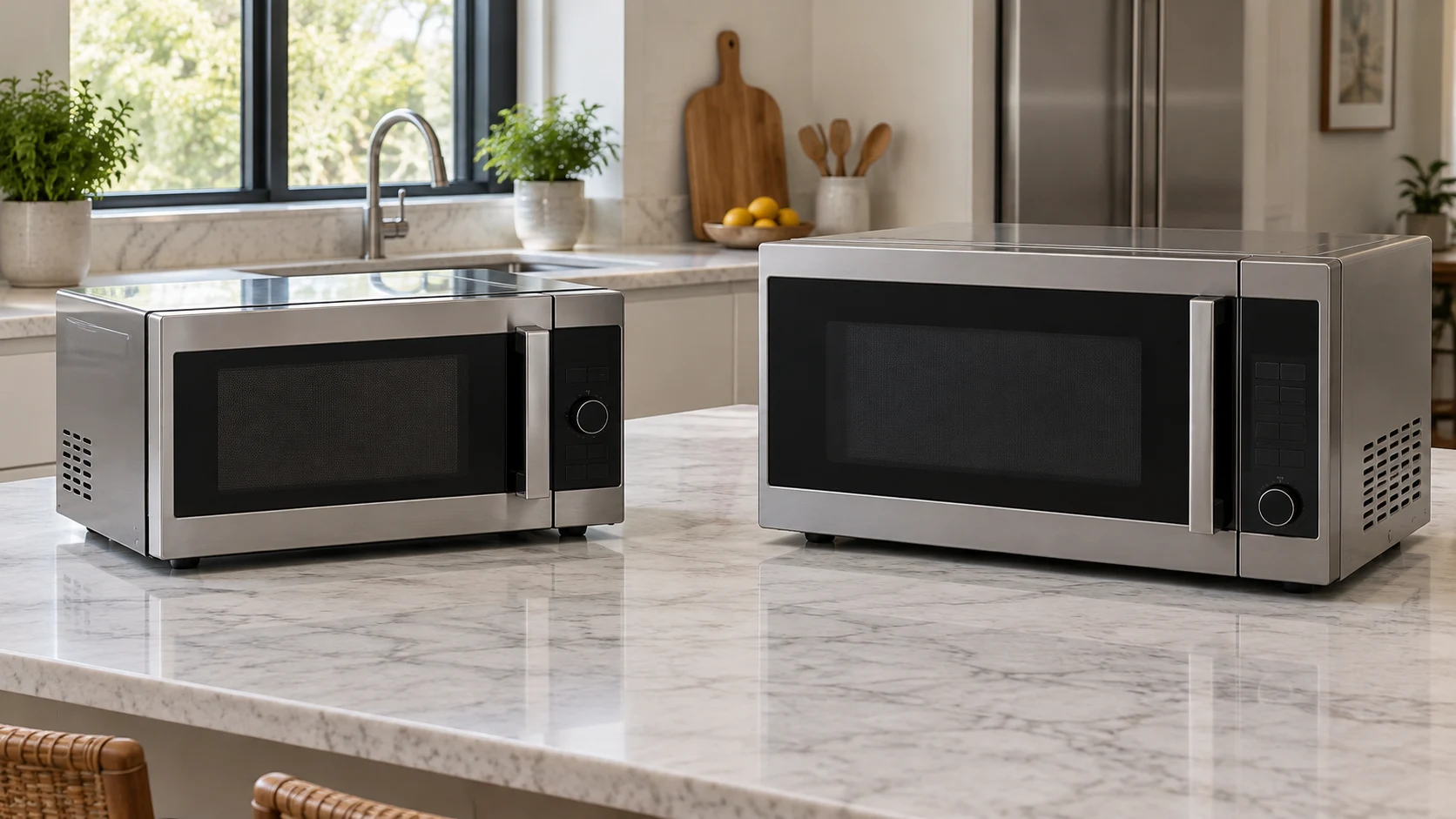 Microwave cooking modes and placement labels illustrated by two complete generic silver microwaves at rest in a kitchen; no exact models or installation-fit claim.