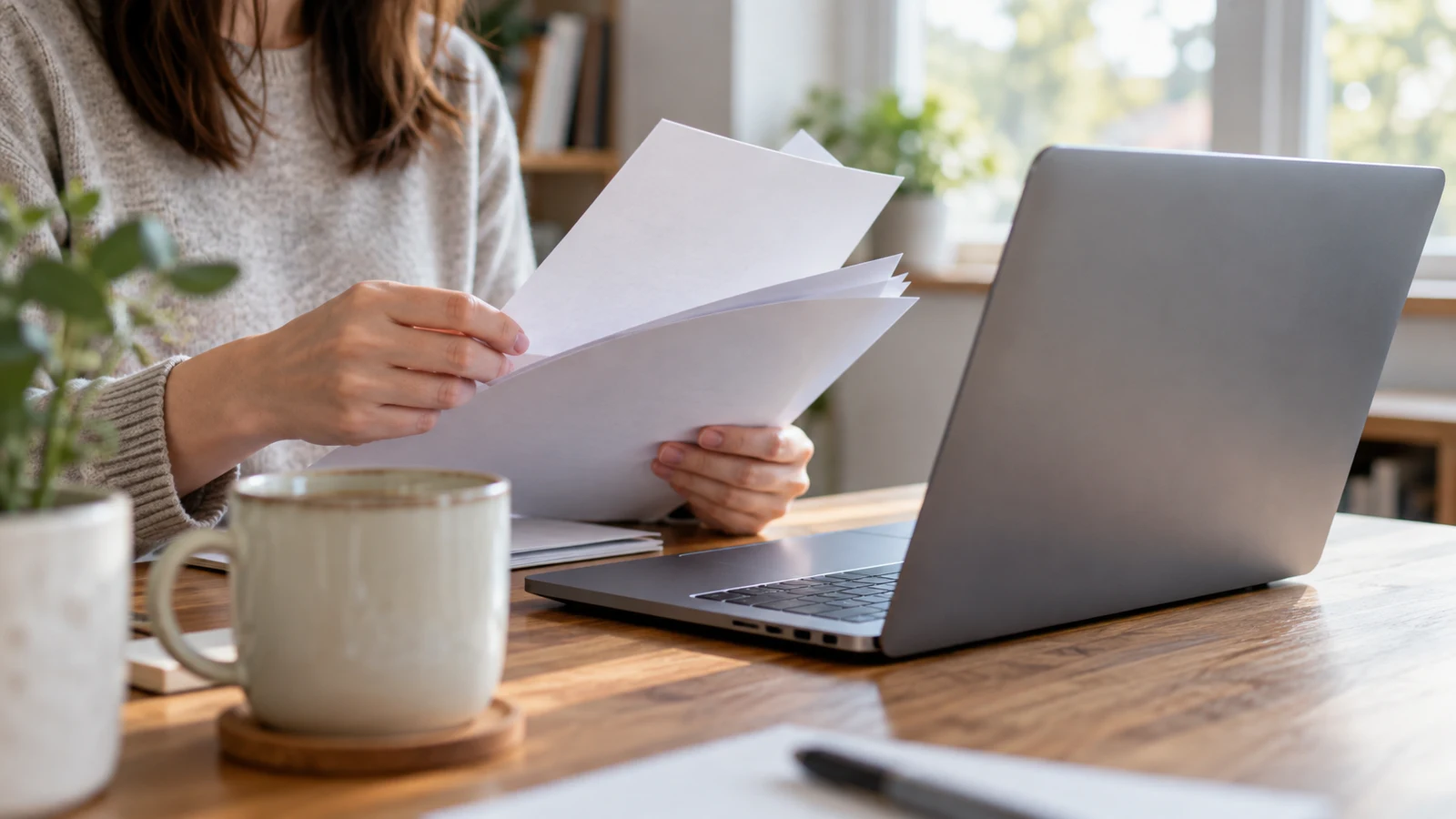 Dell Inspiron PDF attachment checks: A person holds papers beside an unbranded laptop on a wooden desk.
