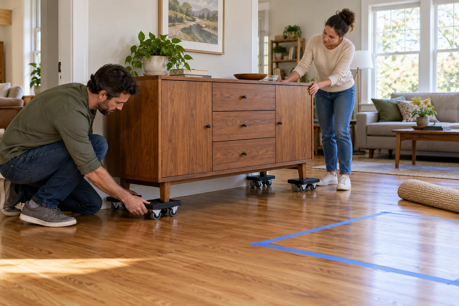 Furniture mover wheels on a crowded route: two adults check a sideboard on low wheeled platforms beside a clear taped floor path.