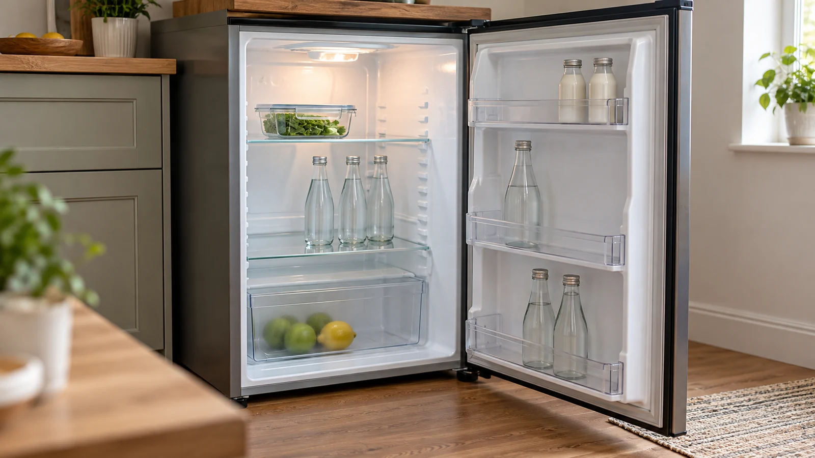 mini fridge interior visibility checks: An open mini fridge has illuminated glass shelves, bottles, and fruit in a kitchen.