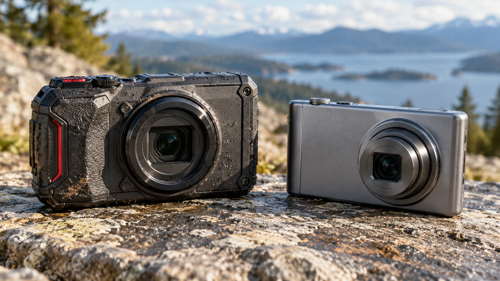 Olympus Tough TG-7: Two unbranded compact cameras rest on a rock overlooking a lake.