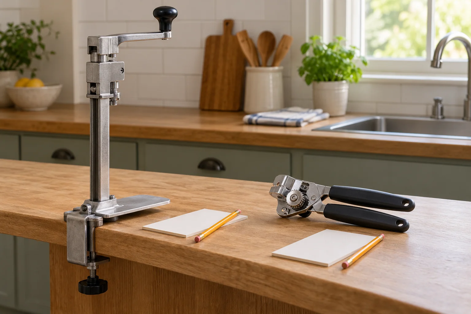 can opener setup costs illustrated by a complete mounted opener workstation beside a handheld tool and separate setup and upkeep notes.