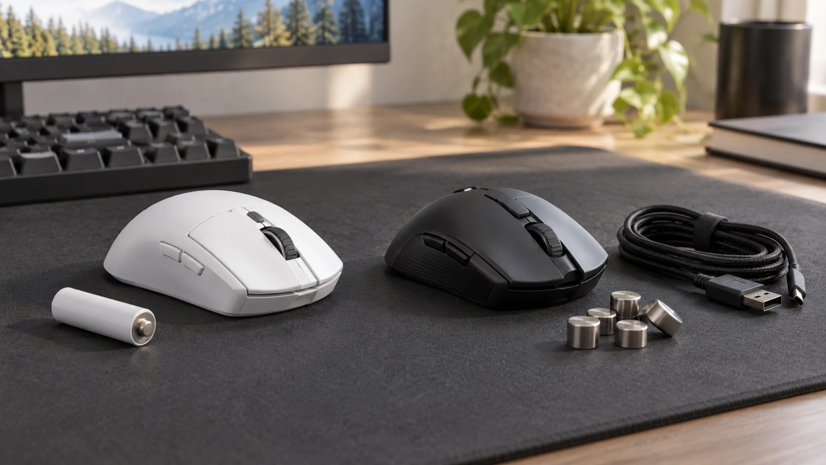 Logitech G309 vs SteelSeries Rival 650 buying guide illustrated by two generic wireless gaming mice, an AA battery, a charging cable and loose weights; a conceptual desk scene, not exact product photographs.