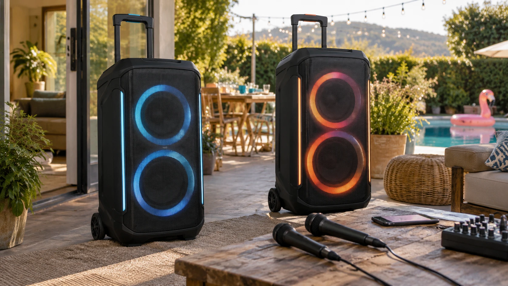 For JBL PartyBox 520 portable speaker, consider microphone inputs, battery planning, moving the speaker, splash exposure, and lighting for a party.