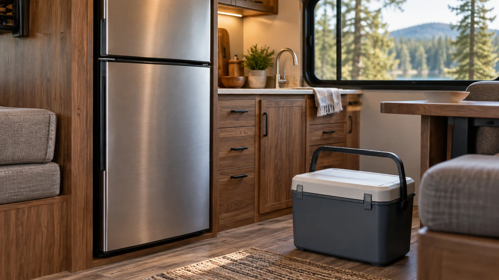 Norcold 15-cu-ft 12V: A metal refrigerator and portable cooler sit in a wood-paneled camper kitchen.
