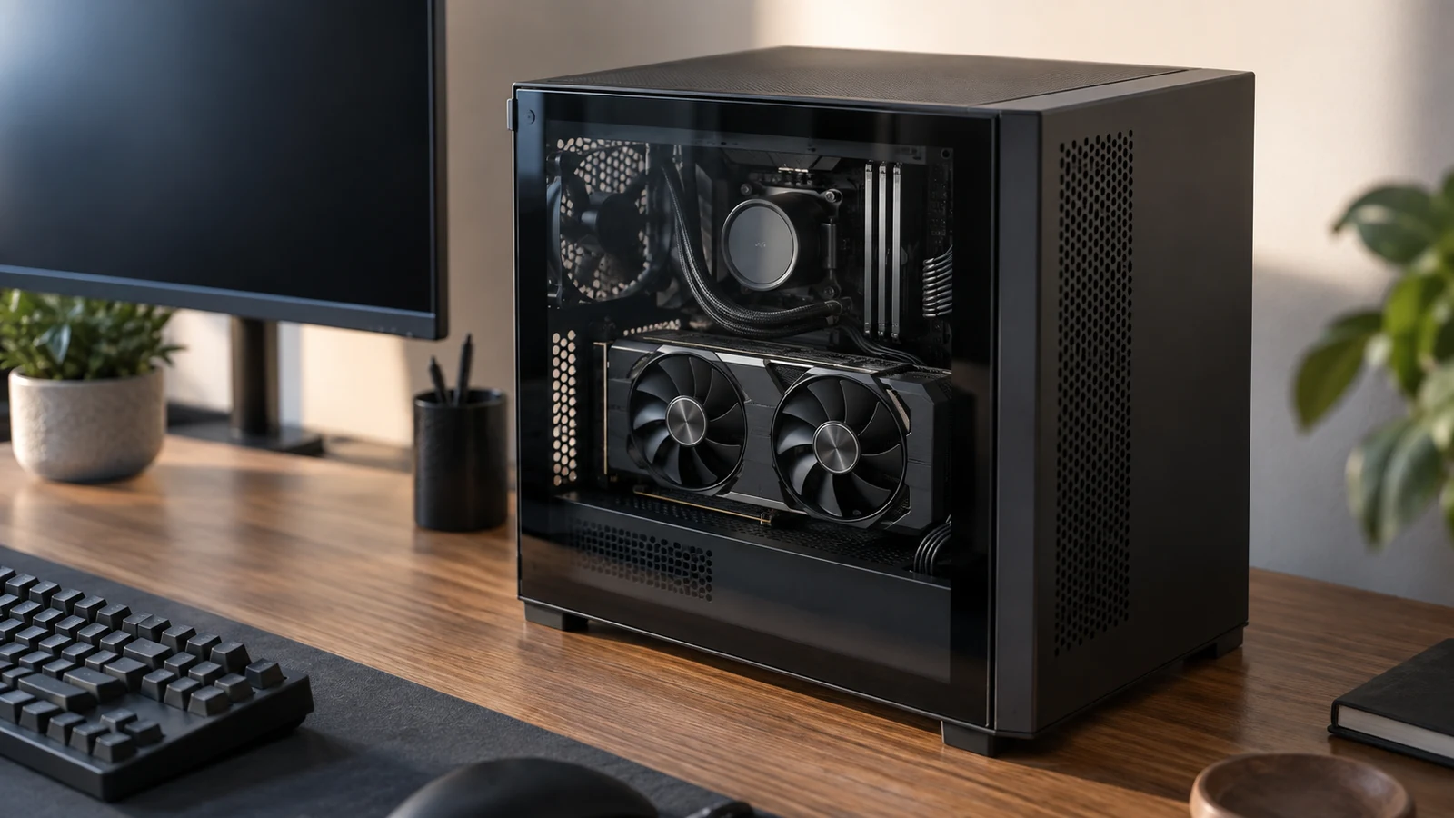 AVG PC Mini-X gaming desktop: A black computer with a visible dual-fan graphics card sits on a wooden desk.