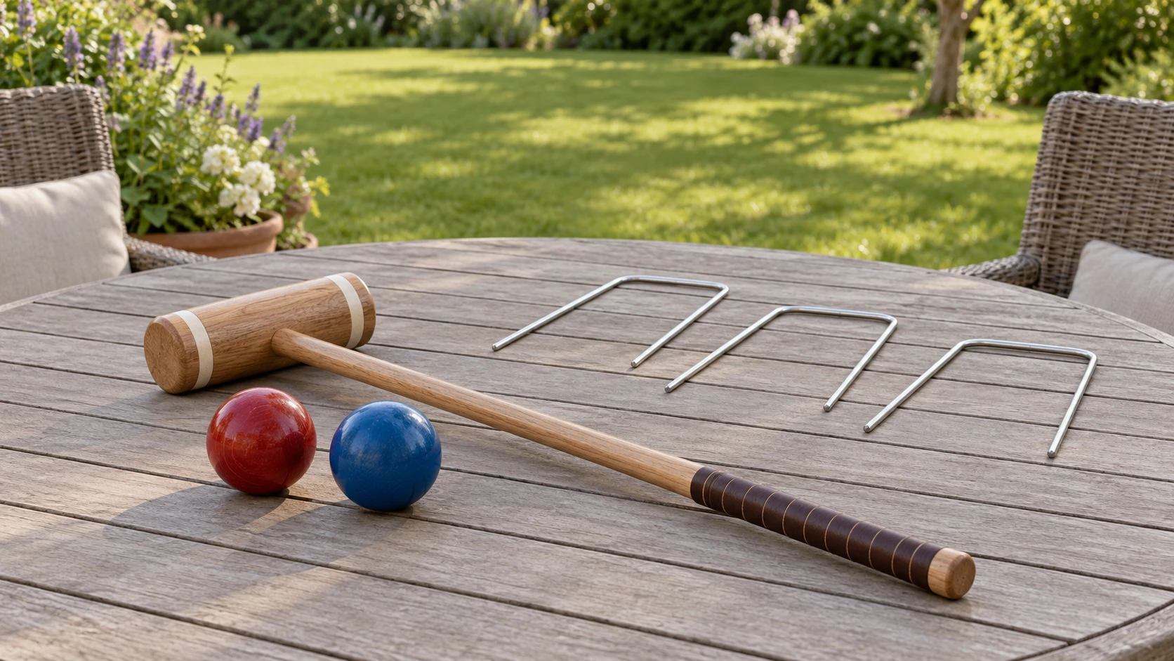 Summer croquet afternoon concept with a complete generic inactive wooden mallet, two balls and three uninstalled wickets.
