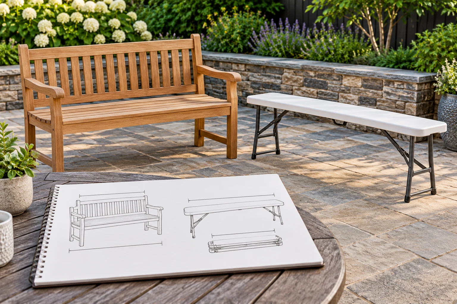 Garden bench dimensions compared as a wood bench with arms and a backless folding bench beside an unmarked measurement sketch, separating seat span from overall and folded form