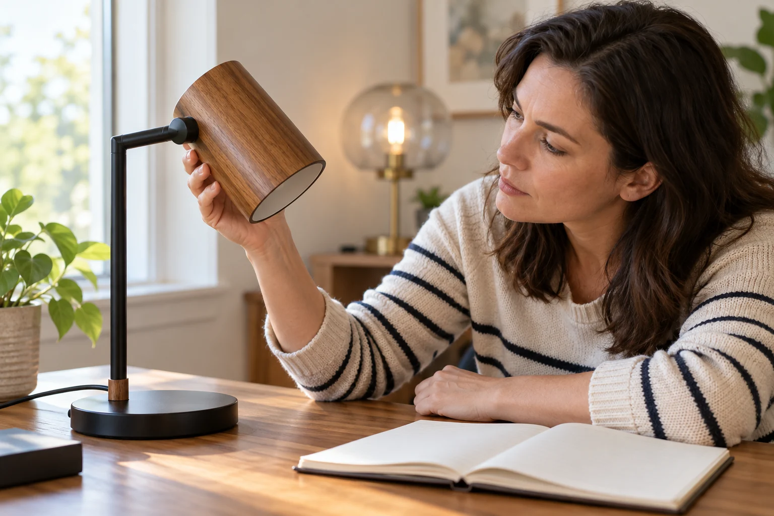 Desk lamp shade will not stay aimed as a person inspects the joint of an unplugged rotating-shade lamp on a stable desk.
