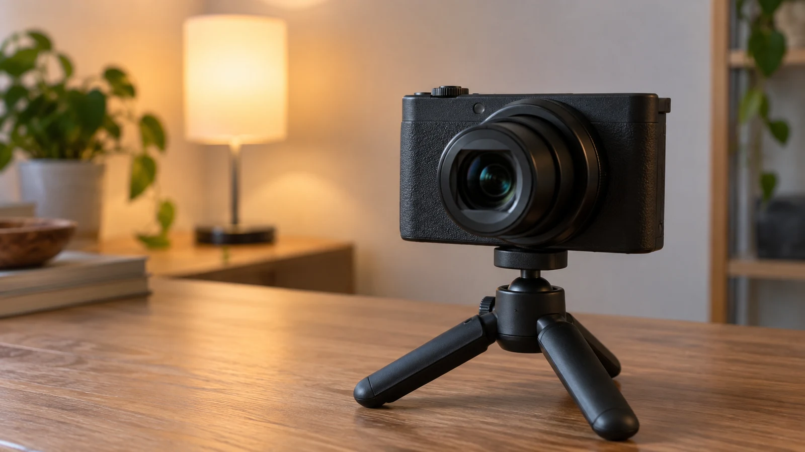 Sony ZV-1 II video flicker checks: An unbranded camera stands on a tabletop tripod near a glowing lamp.