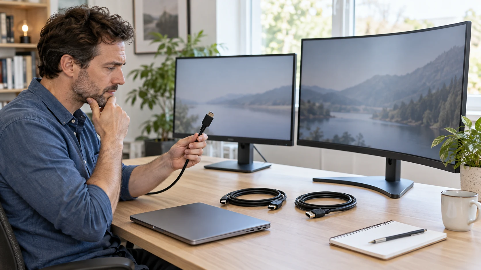 Monitor cable compatibility illustrated by a reader checking loose computer cables beside generic desktop displays and a laptop; conceptual image, not exact models or proof of a tested or supplied connection.
