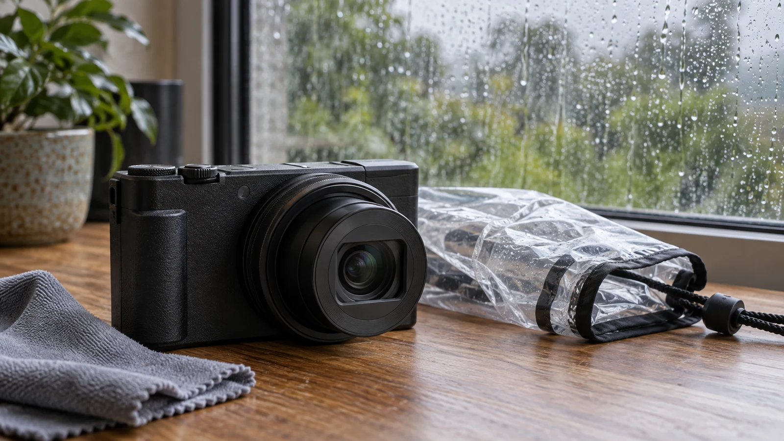 Sony ZV-1 II weather protection checks: An unbranded camera sits beside a clear cover and cloth near a rain-speckled window.