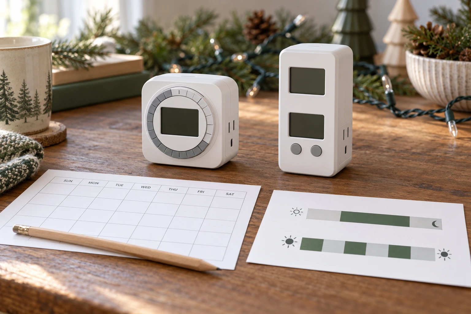 Holiday light timer planning compares a calendar-style evening schedule with a repeating on/off cycle before selecting a control.