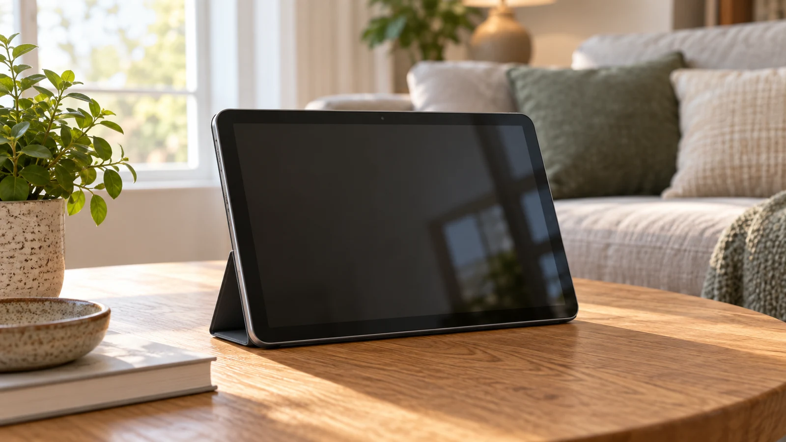 Coollooc 10.1-inch tablet: An unbranded tablet with a dark screen rests on a stand on a wooden table beside a sofa.
