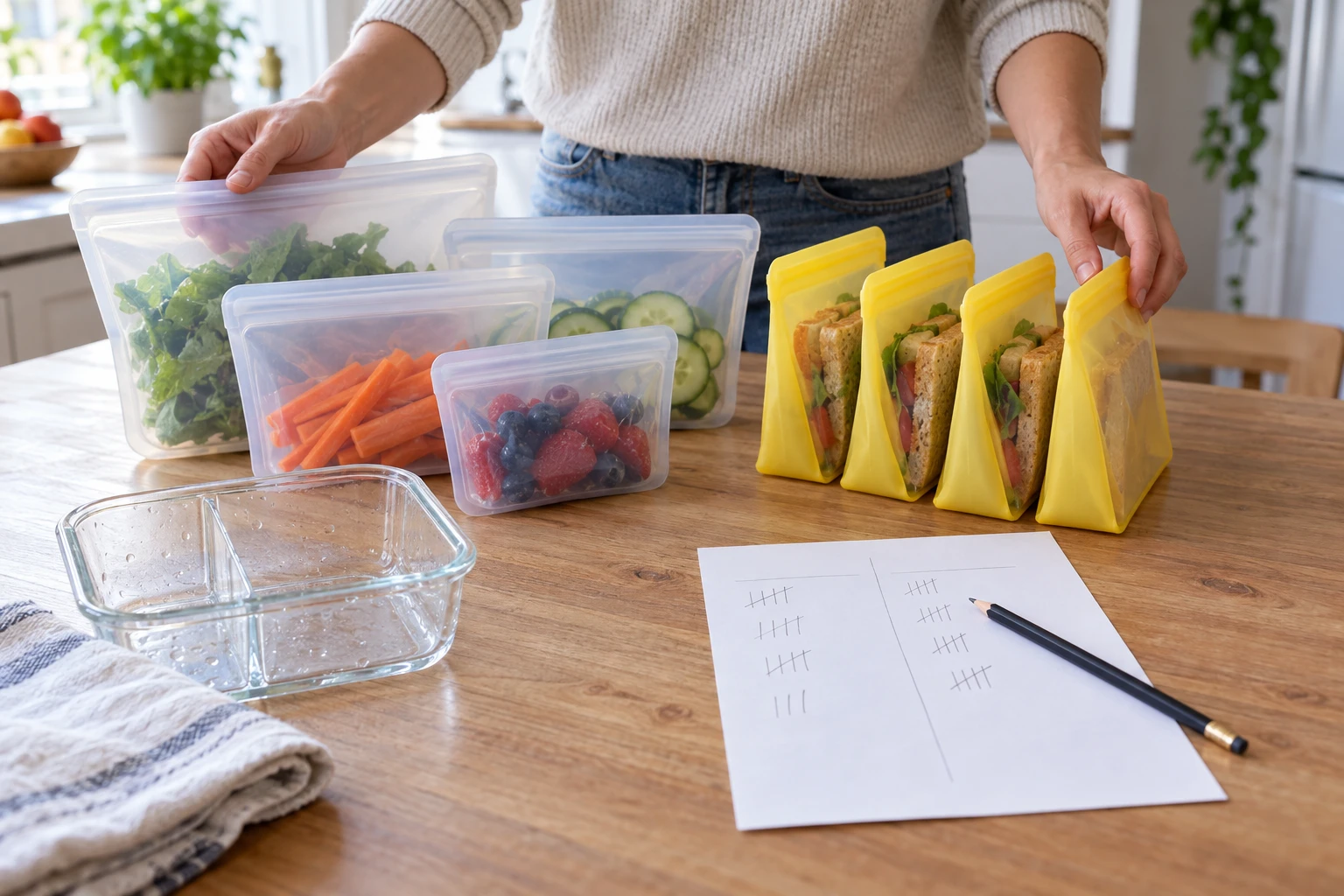 A reusable food storage bag use-count plan shown by a person comparing mixed clear bags and yellow sandwich bags beside a use tally.