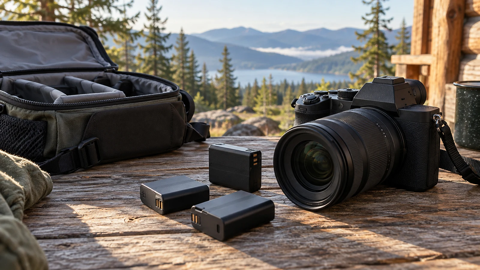 camera battery planning: A camera, three batteries and an open camera bag sit on a wooden table.