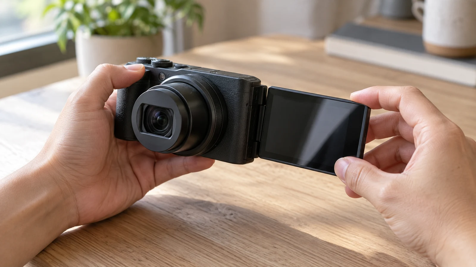 Sony ZV-1 II image rotation: Two hands hold an unbranded compact camera with an open screen above a wooden table.