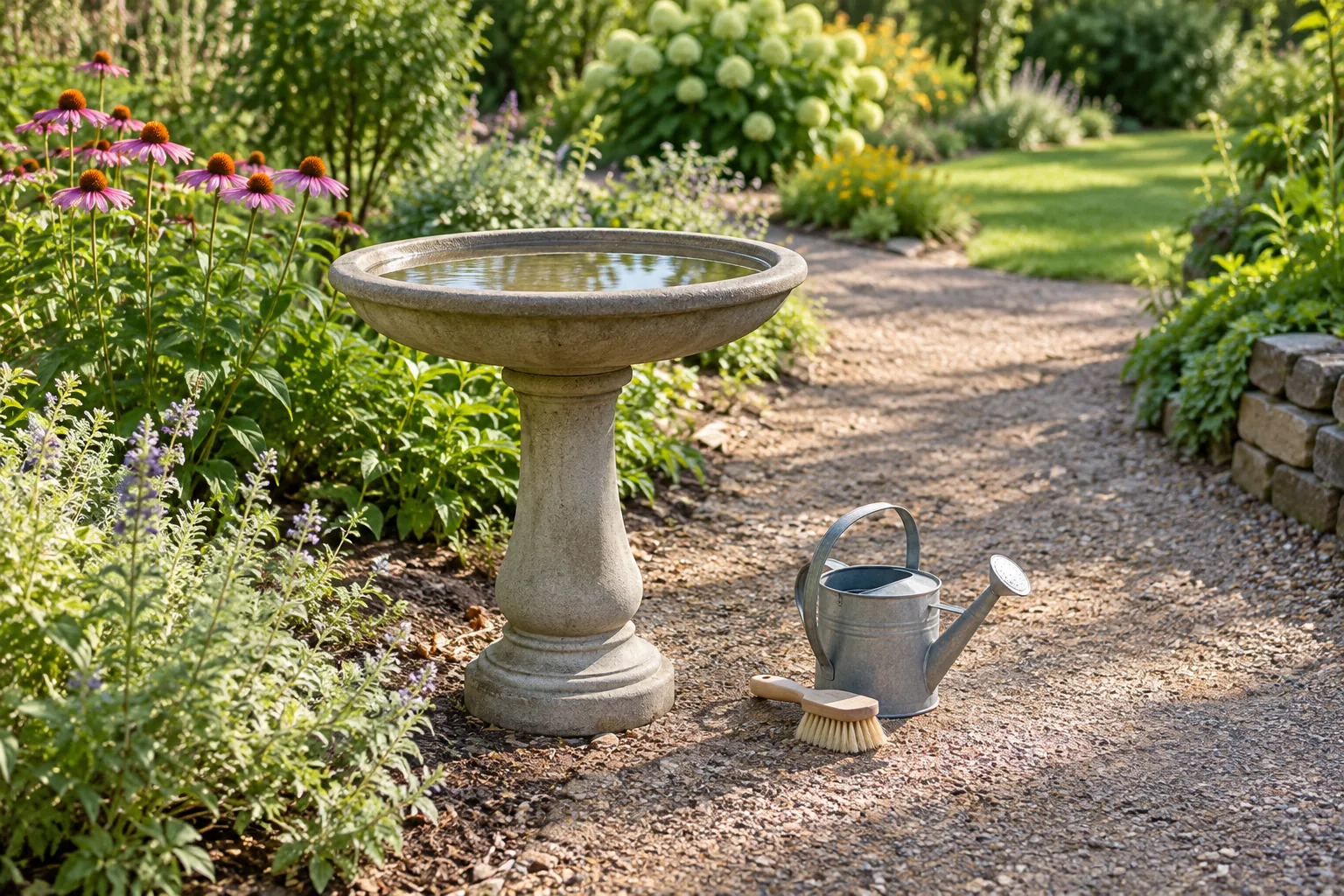 A pedestal bowl beside an open garden path illustrates how to set up a birdbath with its position, water supply and cleaning access considered together.