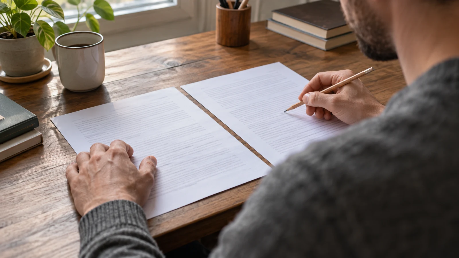 check transcription accuracy: A person holds a pencil above two sheets of paper on a wooden desk.